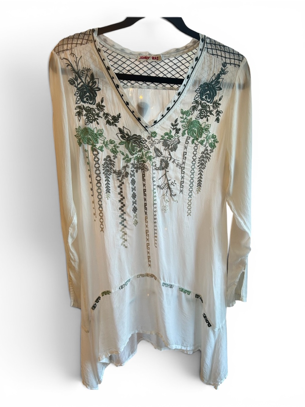 Johnny Was Ivory Floral Embroidered V-Neck Tunic M Boho Summer